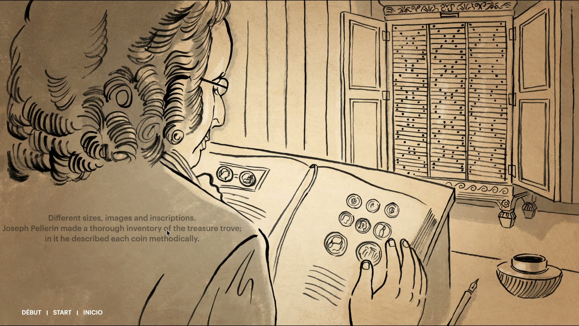 Screen capture: illustrated narrative of Joseph Pellerin’s coin inventory